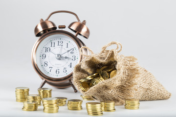 isolated coins on the white background with wicker bag and clock. money investment for real estate ,car and health.