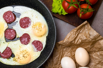 fried egg on pan with salami, tomatoes, letucce