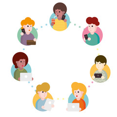 Vector illustration of an abstract social network scheme, which contains people icons connected to each other.