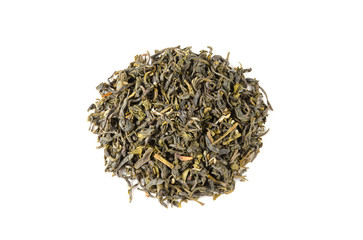 Jasmine green tea on white background top view (flat lay), fresh whole loose leaves, floral flavour for fine aroma beverage enjoyment during tea time or meal