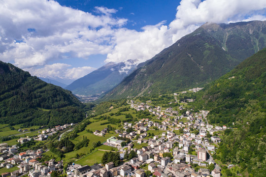 City of Sondalo in Valtellina, alpine village in the Italian Alps