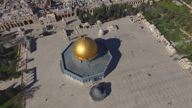 Drone Shot above Al-Aqsa Mosque On Temple Mount Israel. Fly around slow Dome or rock Jerusalem. Holy place for Jewish and Muslims.