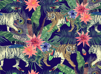 Fototapeta na wymiar Seamless watercolor pattern with tigers, leaves, flowers.