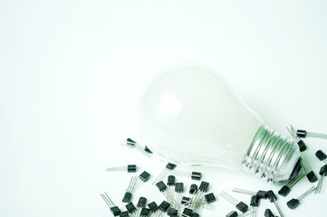 The bulb and the transistors isolated on a white background