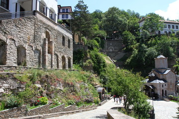 Panorama to church of Virgin Mary and medieval building in Monastery Saint Joachim of Osogovo, Kriva Palanka, Republic of Macedonia. The domes of a church. Christianity. East Orthodox Osogovo monaster