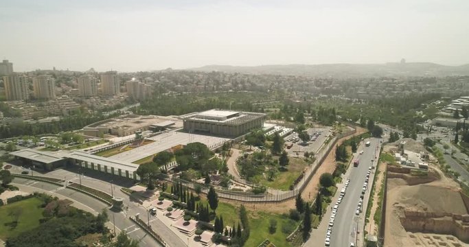 The Knesset Building In Jerusalem, Aerial view of Israel National Legislature Parliament Government. House of Law and Democracy Israeli Parliament house, Capital Jerusalem, Israe