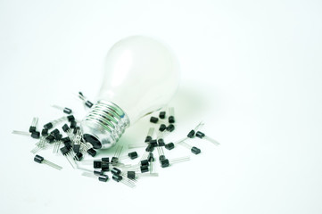 The bulb and the transistors isolated on a white background