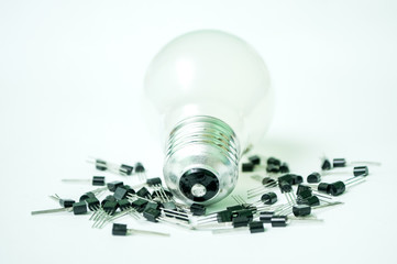 The bulb and the transistors isolated on a white background