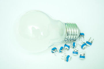 The bulb and the transistors isolated on a white background