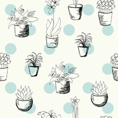 Vector seamless pattern with houseplants in pots