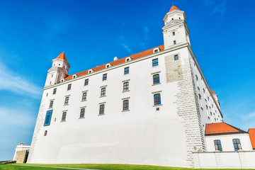 Naklejka premium Bratislava, Slovakia May 24, 2018: Bratislava castle. Bratislavsky Hrad close-up panorama with no people in sunny day. Exterior view of the castle in Bratislava.
