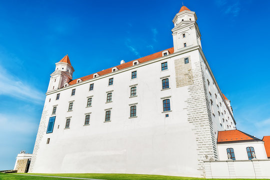 Bratislava, Slovakia May 24, 2018: Bratislava castle. Bratislavsky Hrad close-up panorama with no people in sunny day. Exterior view of the castle in Bratislava.