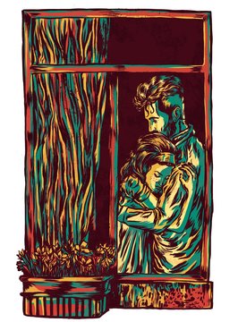 Lovers standing in the window