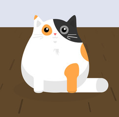 Cute sitting cat. White cat with red and black stains. Flat vector illustration