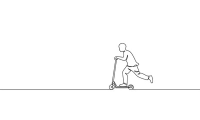 Single continuous one line art boy riding scooter. Kids sport activity hobby holiday school recreation fun concept childhood outdoor design sketch outline drawing vector illustration