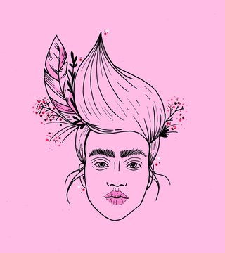 Girl on pink background with flowers in her hair