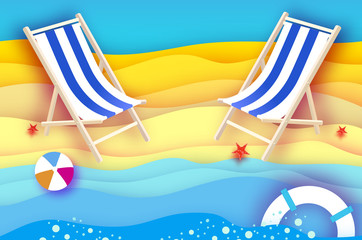 Chaise lounge. Origami sea and beach. Sport ball game. Flipflops shoes. Lifesaver. Starfish. Vacation and travel concept.