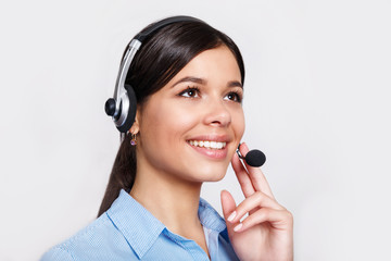 customer support phone operator in headset, with blank copyspace area for slogan or text message,...