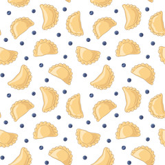 Dumplings (pierogi, varenyky, pelmeni) with blueberries seamless pattern. Dumplings on white background. Polish cuisine. Eastern european cuisine. Vector hand drawn illustration seamless pattern. - 207956597