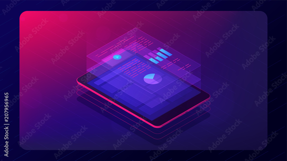 Poster isometric tablet with cloud analysis app information. cloud application with charts graphics report 
