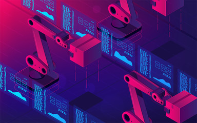 Isometric automated robot arms. Smart automated robotic arms holding box in a warehouse. Modern logistics center in ultra violet colors. Vector 3d isometric illustration ultraviolet background.