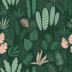 Abstract seamless pattern with tropical leaves. Hand draw texture.