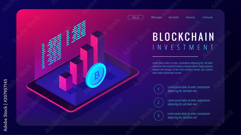 Wall mural isometric blockchain investment landing page concept. tablet with 3d charts graphics of financial gr