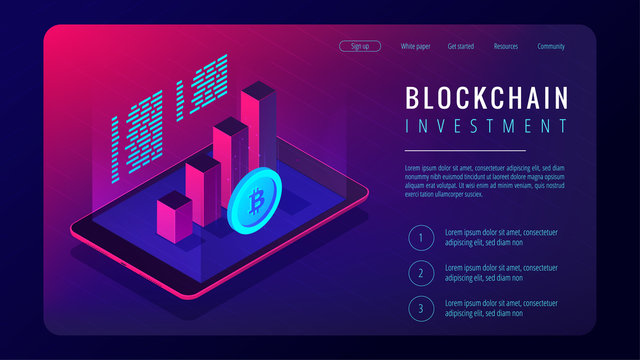 Isometric blockchain investment landing page concept. Tablet with 3d charts graphics of financial growth statistics and bitcoin in violet. Cryptocurrency investment. Vector ultraviolet background.