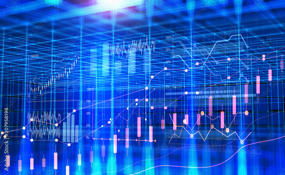 Fototapete Business in cyberspace. Data analysis. Graphs and charts of the dynamics of development. 3d illustration on a futuristic background