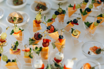 delicious cold snacks catering at the wedding party