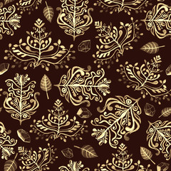 Seamless watercolor curly branches and crystals pattern, charming golden beige and deep brown vintage texture