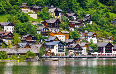 Fototapeta na wymiar Hallstatt, Austria. View to Hallstattersee Lake and Alps