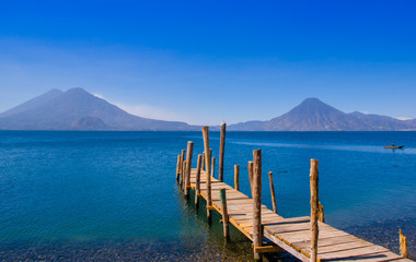 Landscape of the Atitlan Lake with a pier used by fishermen close to Panajachel