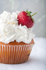  Vanilla cupcake with white frosting whip cream and a strawberry topper on a white background. Vertical image. Close up. Macro