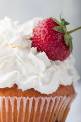  Vanilla cupcake with white frosting whip cream and a strawberry topper on a white background. Vertical image. Close up. Macro