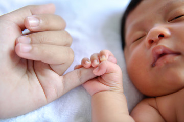 Newborn Concept. Newborn babies are sleeping in a bed. The baby is in the white bedroom.