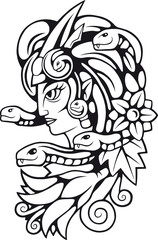 Ancient Greek mythological medusa gorgon character, contour illustration