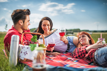 Group of happy friends having picnic at sunny day, people hanging out, having fun while eating and drinking