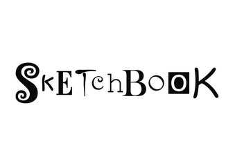 Lettering of Sketchbook with different letters in black isolated on white background for sketchbook cover, decoration