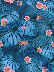 Exotic leaves and pink flowers seamless tropical background for fabric wallpaper. Leaves of monstera and banana palm. © belander