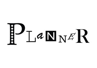 Lettering of Planner with different letters in black isolated on white background for cover of planner, diary, decoration