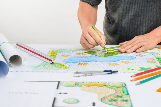 Landscape architect design backyard pool plan for resort