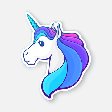 Sticker of fairy tale unicorn head with a rainbow mane