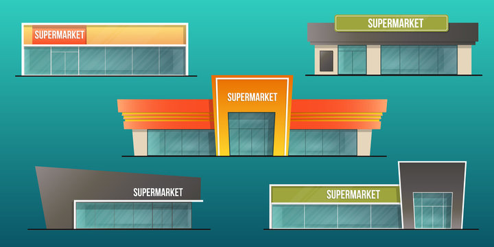 Supermarket buildings set  and local shop isolated vector illustration