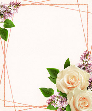 White roses and lilac flowers in festive arrangements with frame