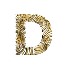 Alphabet letter D uppercase. Golden font made of shiny yellow metal. 3D render isolated on white background.