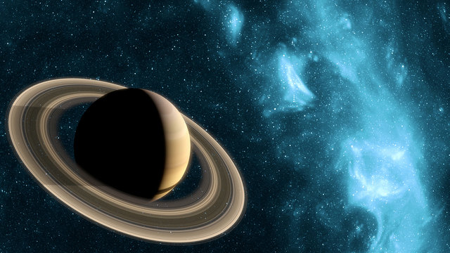 Planet Saturn and a blue nebula and stars background.