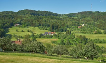 Fototapeta na wymiar Bewaldete Hügel, grüne Wiesen und einzelne Gehöfte im schönen Deggenhausertal. Bodenseekreis, Baden-Württemberg, Deutschland