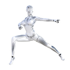 Robot woman fighting action. Metal droid. Artificial Intelligence. Conceptual fashion art. Realistic 3D render illustration. Studio, isolate, high key.