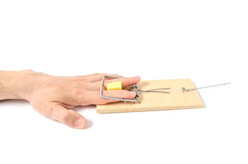 Man's hand fell into trap.Concept of error,freebies and greed.